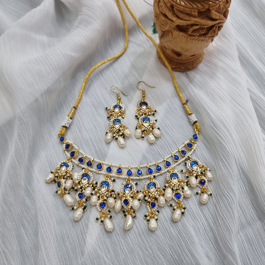 Beautiful Blue Chokar Set with white pearls, traditional jewelry.