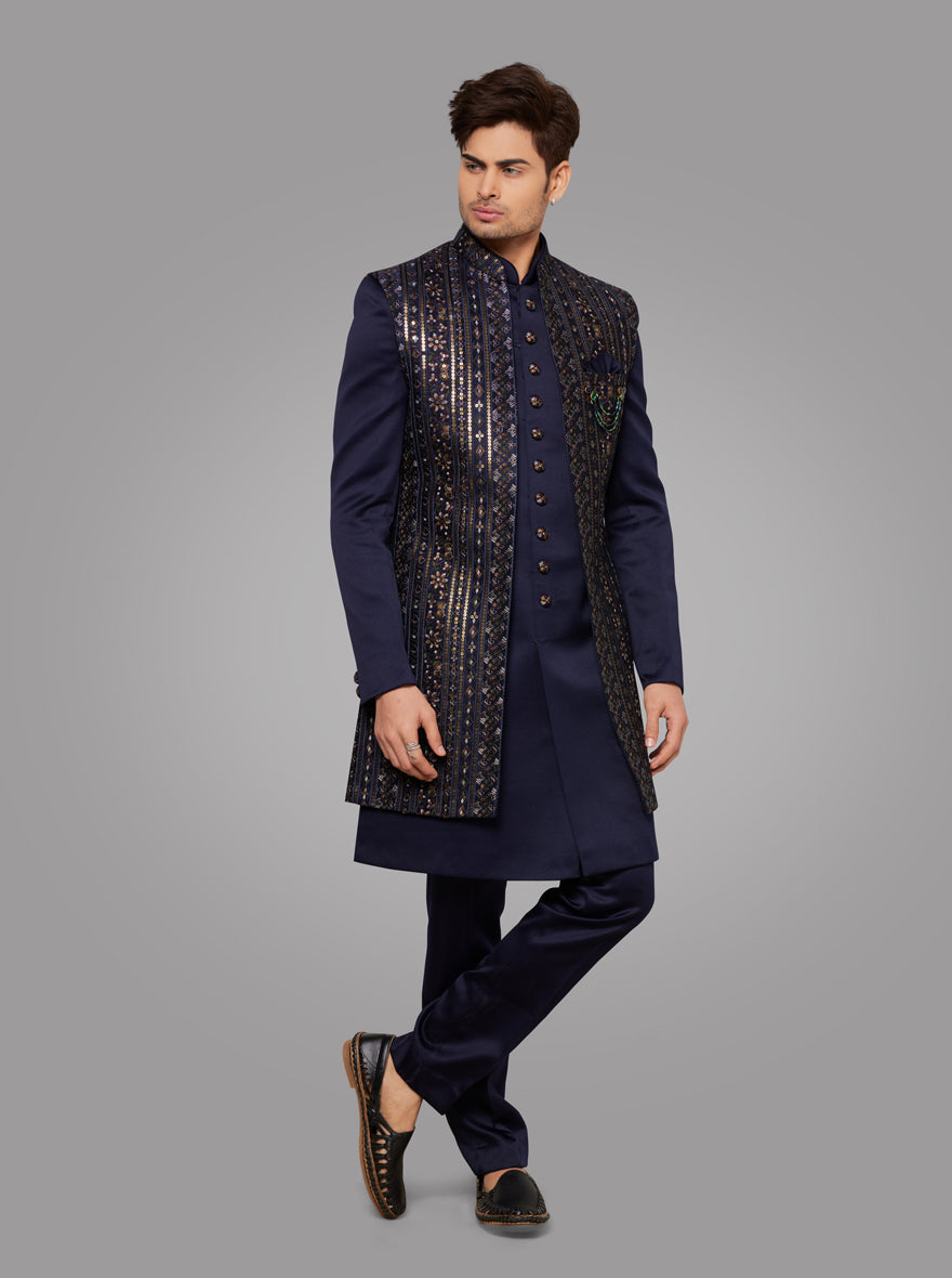 Experience contemporary design with intricate embroidery on this Navy Blue Satin Blend Indowestern.