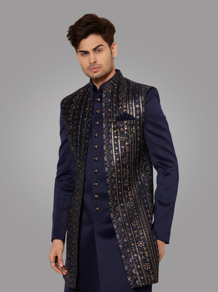 Men's navy blue indowestern with full sleeves and front open straight cut