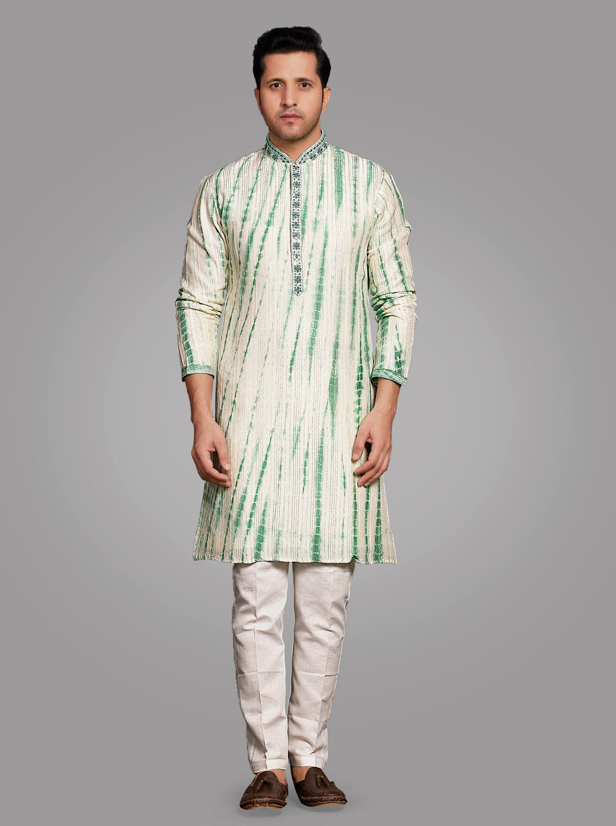 Elegant pista and white kurta pajama set featuring beautiful embroidery, designed for trendy traditional looks in the USA.