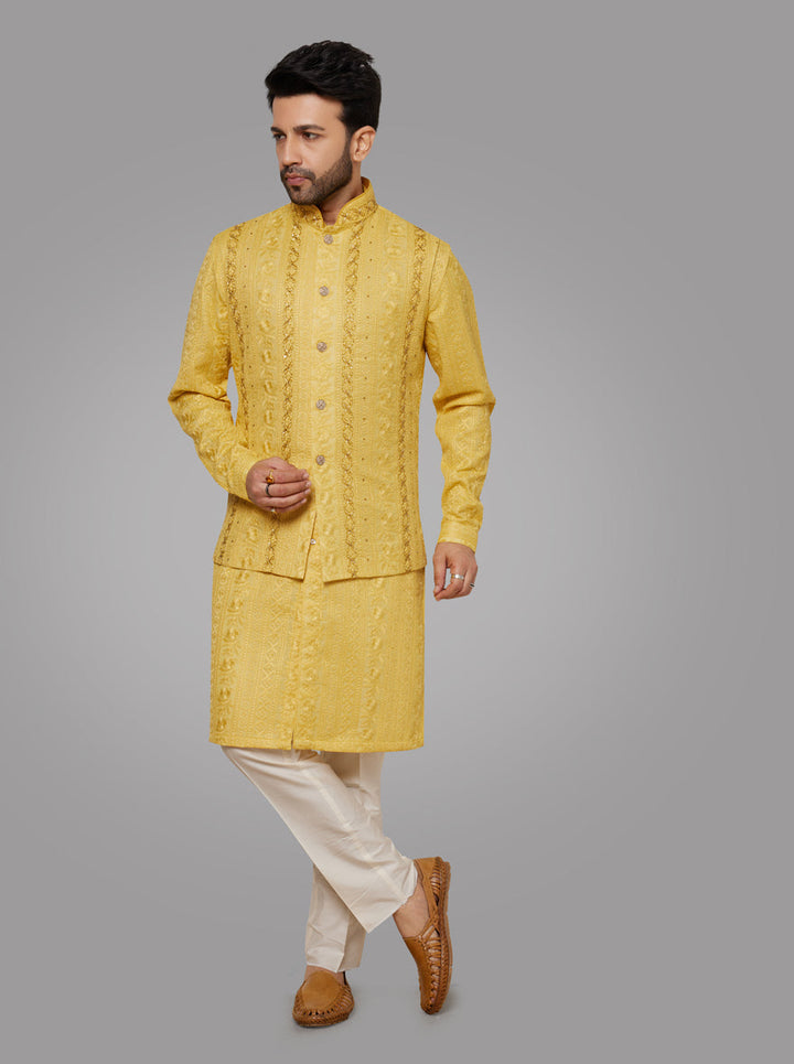 Yellow Kurta Pajama with Koti Set for Men - Ideal for Haldi Ceremonies