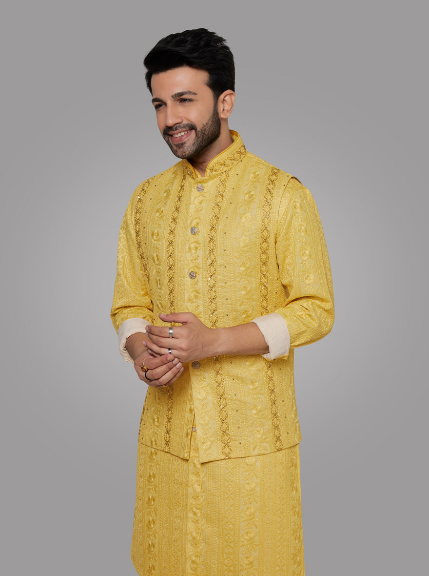 Festive Yellow Kurta Set with Koti - Embroidered Kurta Pajama for Men