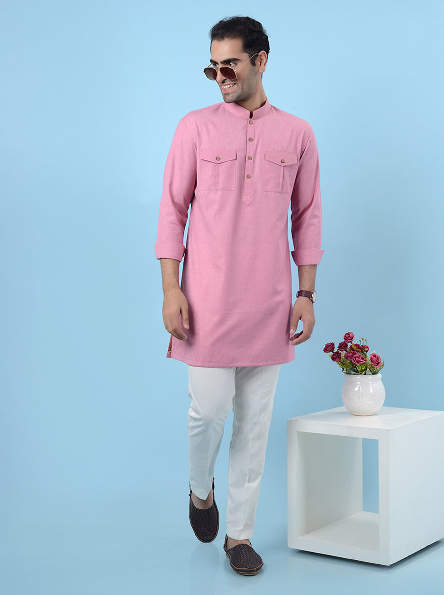 Traditional pink silk blend kurta pajama for men, offering a regular fit for a perfect ethnic look.