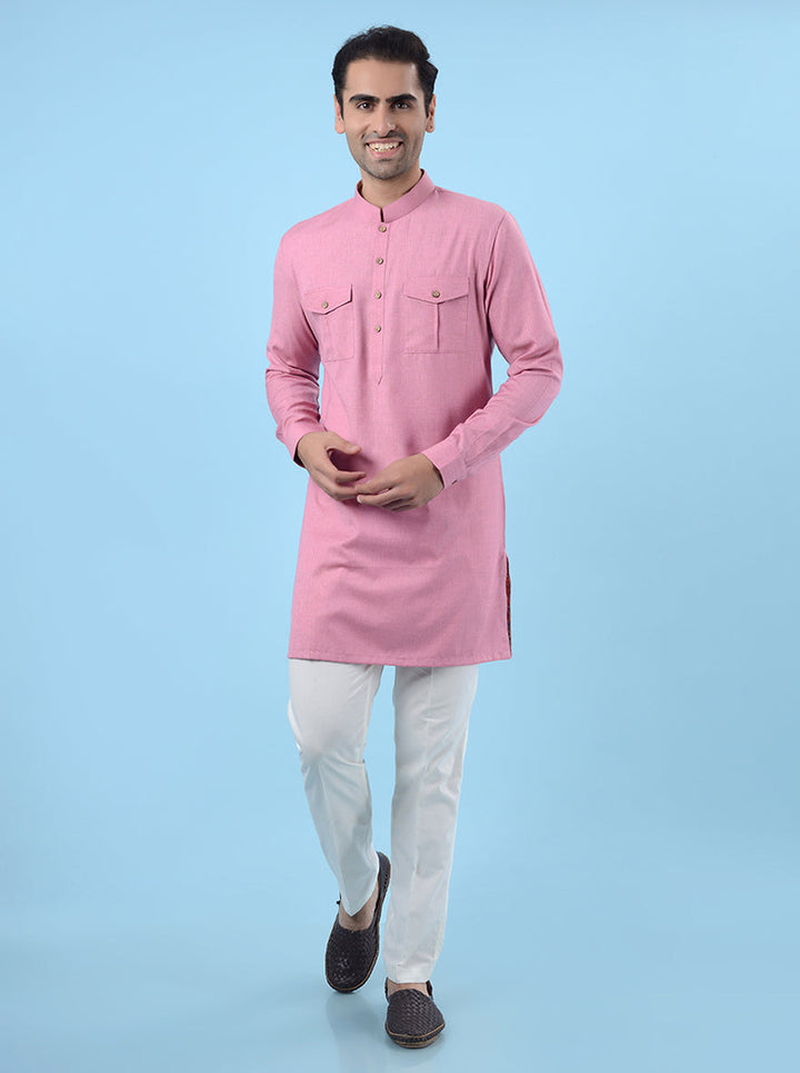 Men's pink silk blend kurta pajama, designed with a regular fit for comfort and elegance at cultural events.