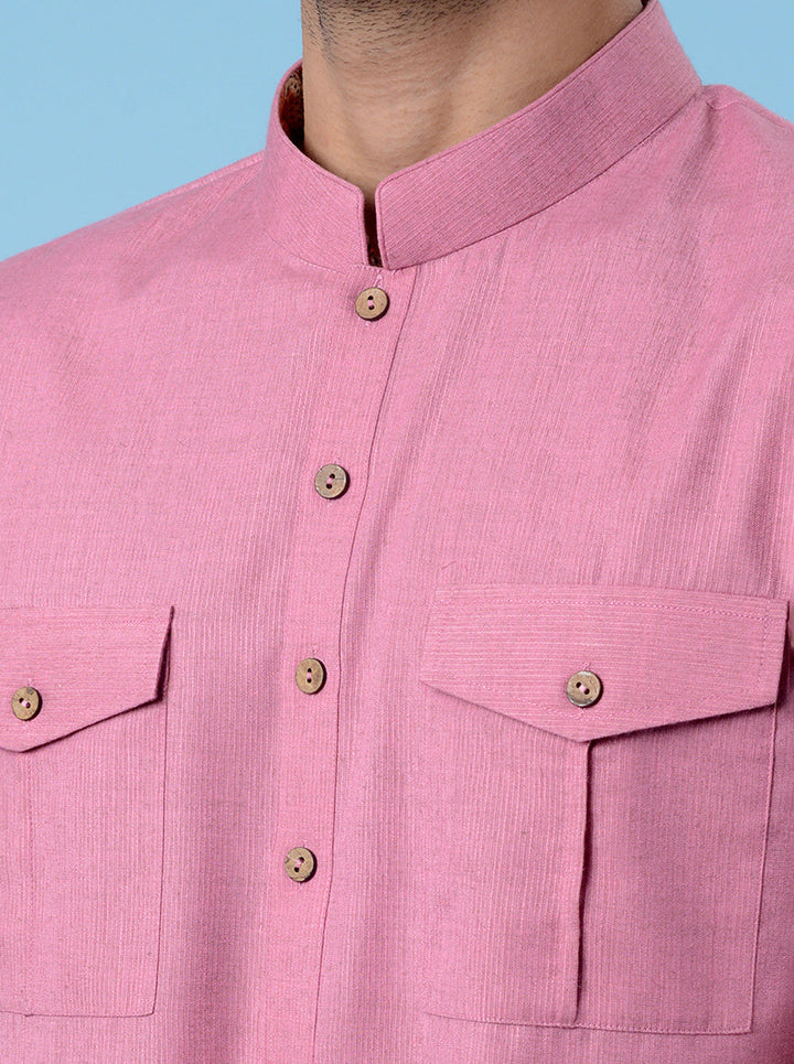 Elegant pink silk blend kurta pajama set for men, featuring a comfortable regular fit for cultural events.