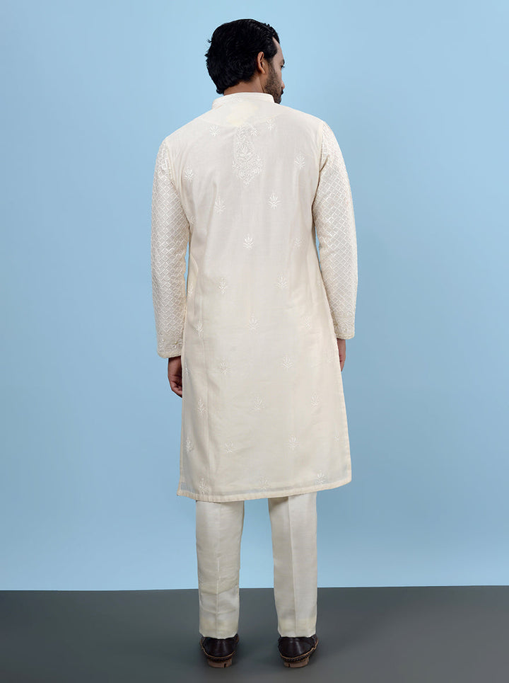 Silk blend cream kurta pajama, tailored for haldi, pooja, and USA traditional events.