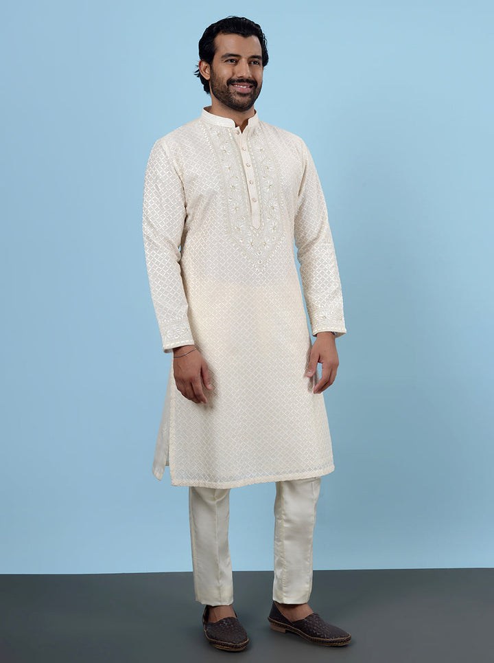 Men’s cream embroidered kurta pajama, crafted for USA pooja and haldi occasions.