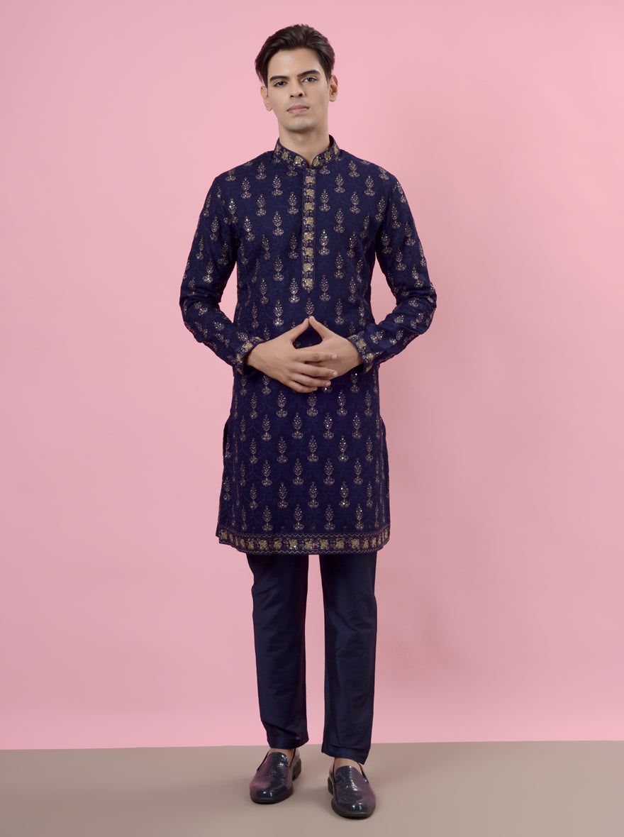 Unique navy blue kurta pajama for men, designed for elegance and comfort in the USA.