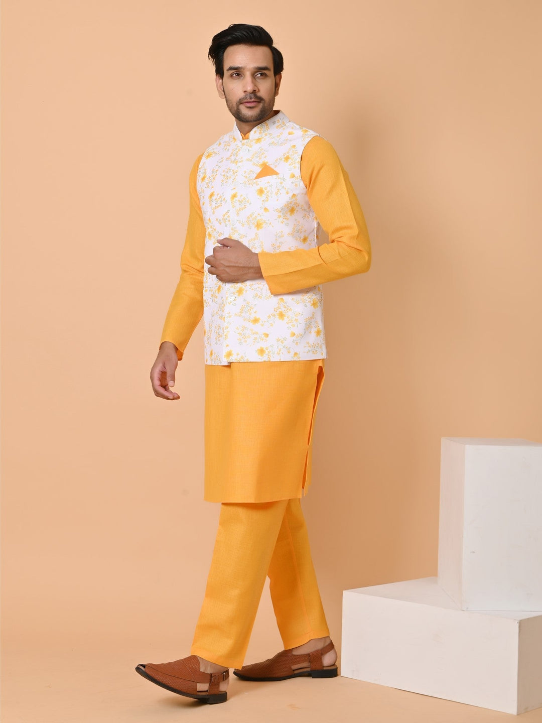 Floral Printed Jacket Kurta Set | Cotton Blend Fusion Wear