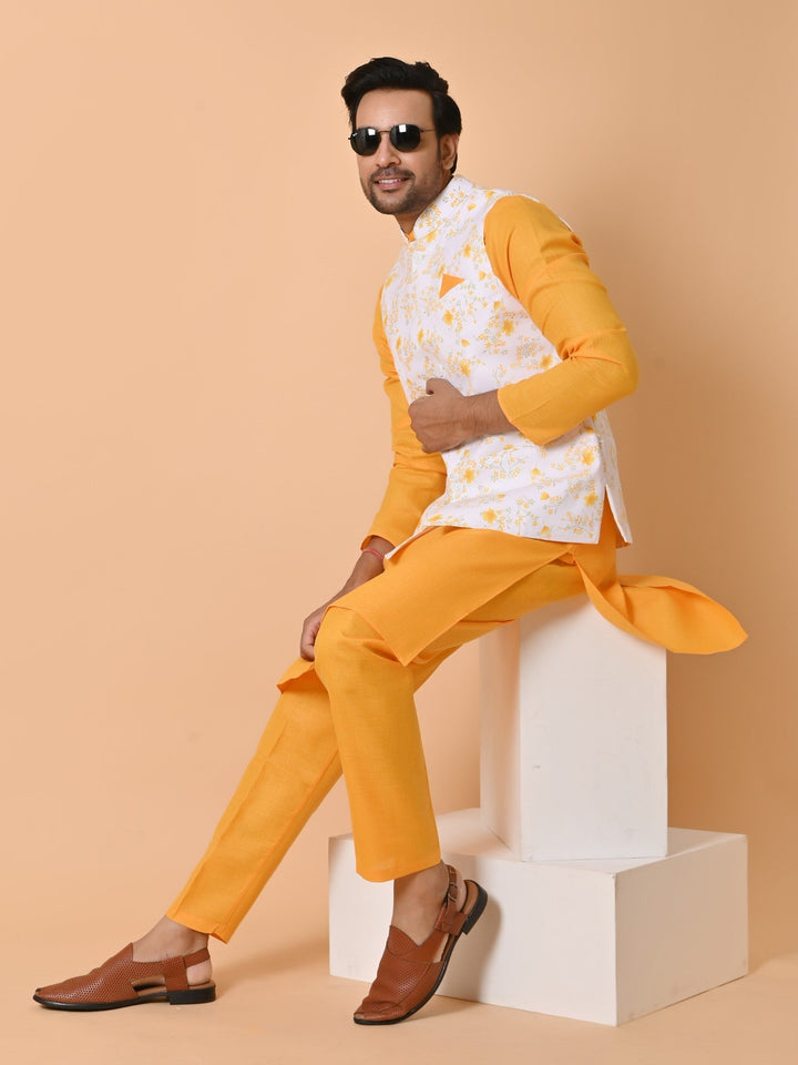 Floral Printed Jacket Kurta Set | Cotton Blend Fusion Wear