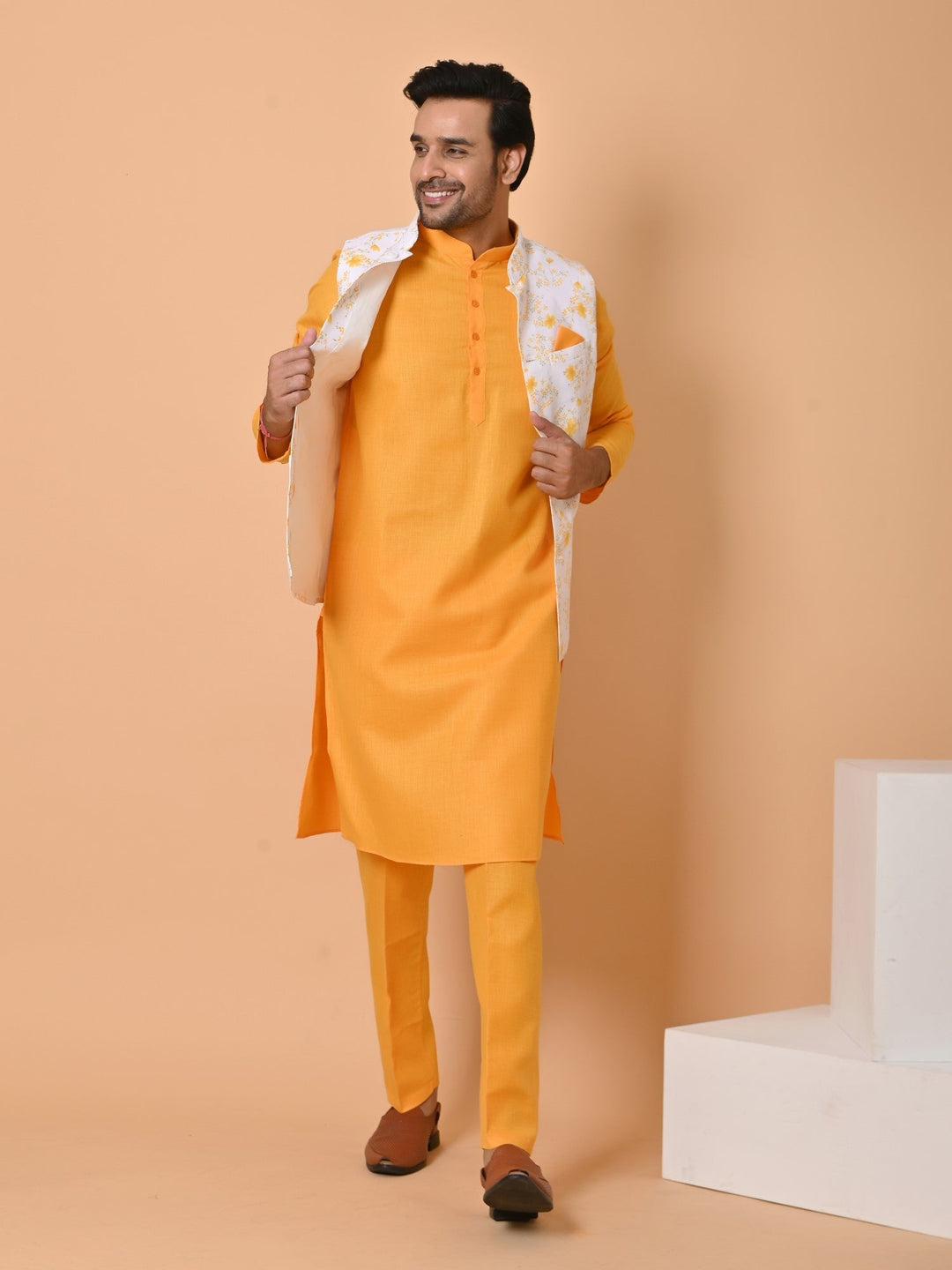 Floral Printed Jacket Kurta Set | Cotton Blend Fusion Wear