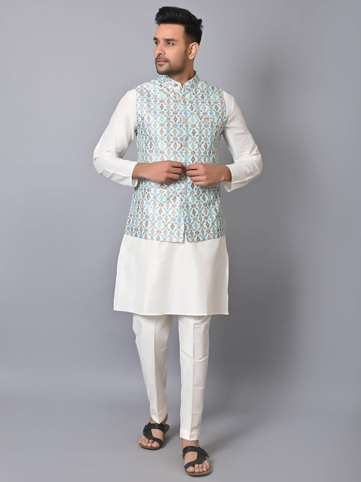 Ethnic Motifs Jacket Kurta Set | Festive Silk Blend Outfit