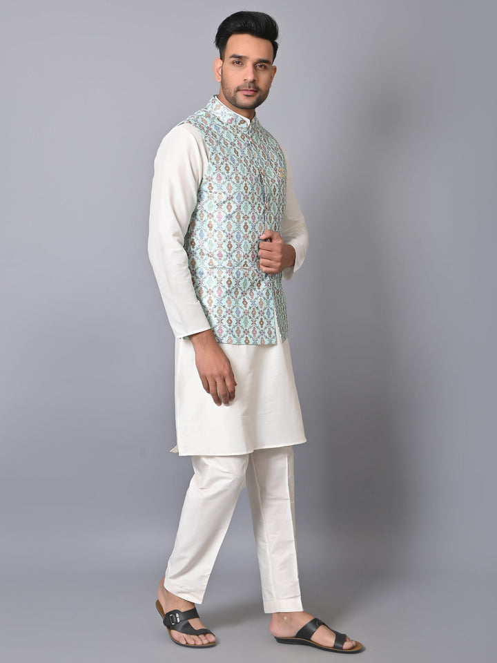 Ethnic Motifs Jacket Kurta Set | Festive Silk Blend Outfit