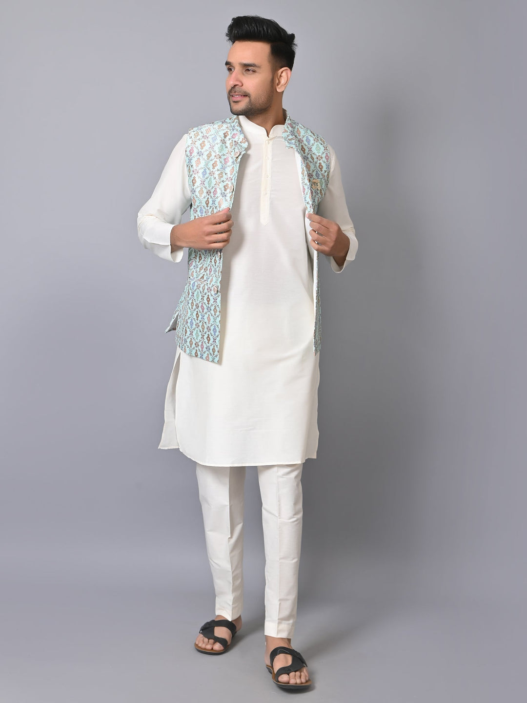 Ethnic Motifs Jacket Kurta Set | Festive Silk Blend Outfit