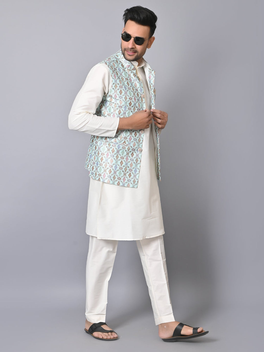 Ethnic Motifs Jacket Kurta Set | Festive Silk Blend Outfit