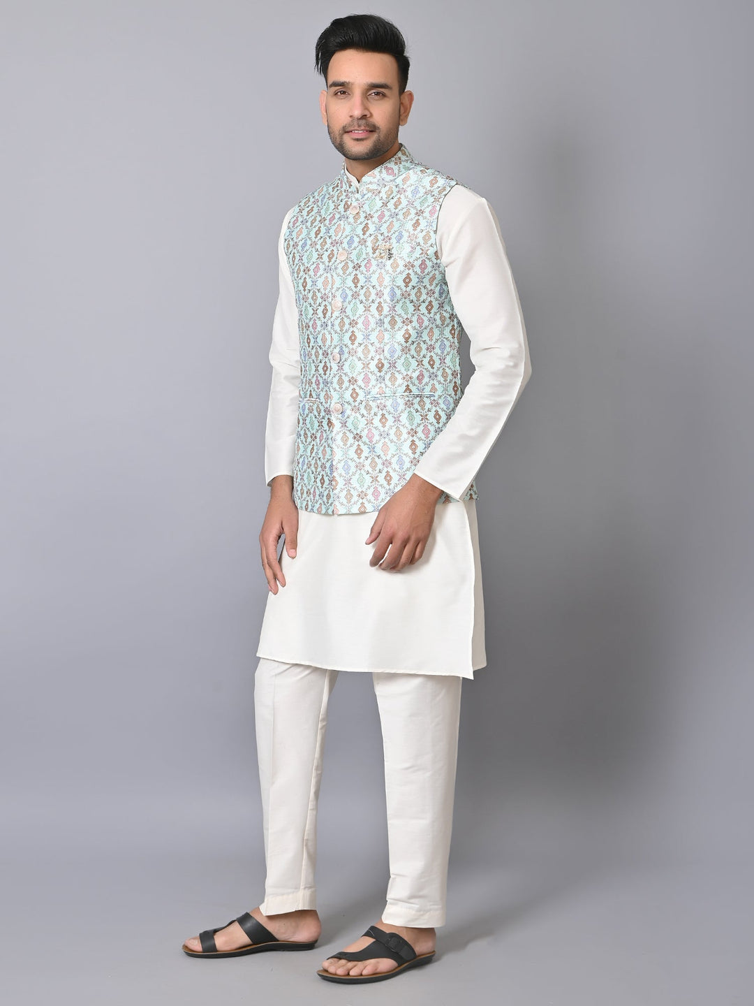 Ethnic Motifs Jacket Kurta Set | Festive Silk Blend Outfit