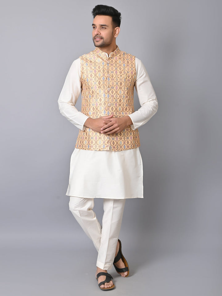 Ethnic Motifs Silk Blend Jacket Kurta Set | Festive Printed Design