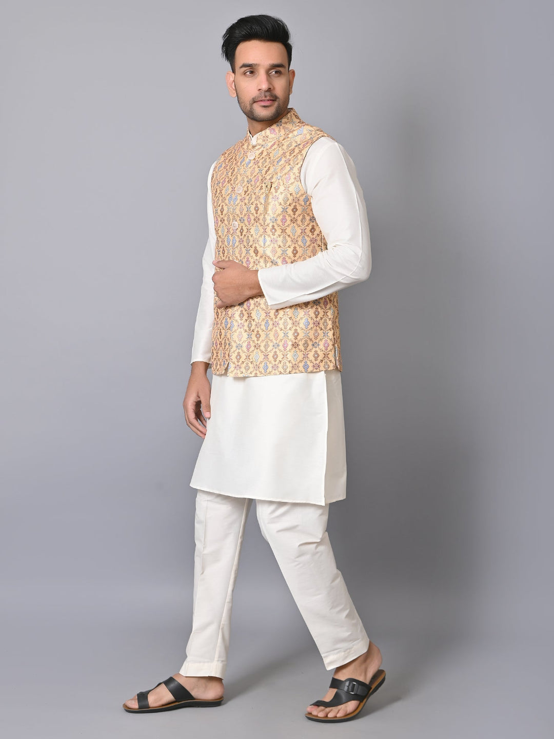 Ethnic Motifs Silk Blend Jacket Kurta Set | Festive Printed Design