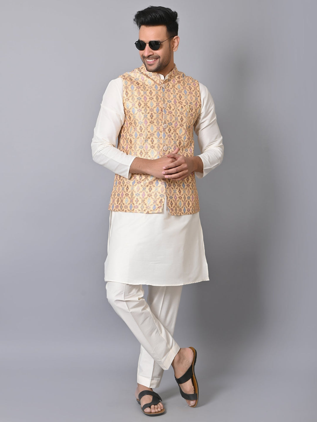 Ethnic Motifs Silk Blend Jacket Kurta Set | Festive Printed Design