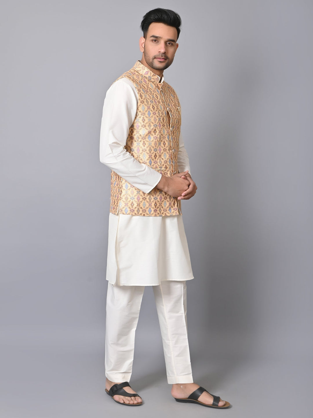 Ethnic Motifs Silk Blend Jacket Kurta Set | Festive Printed Design