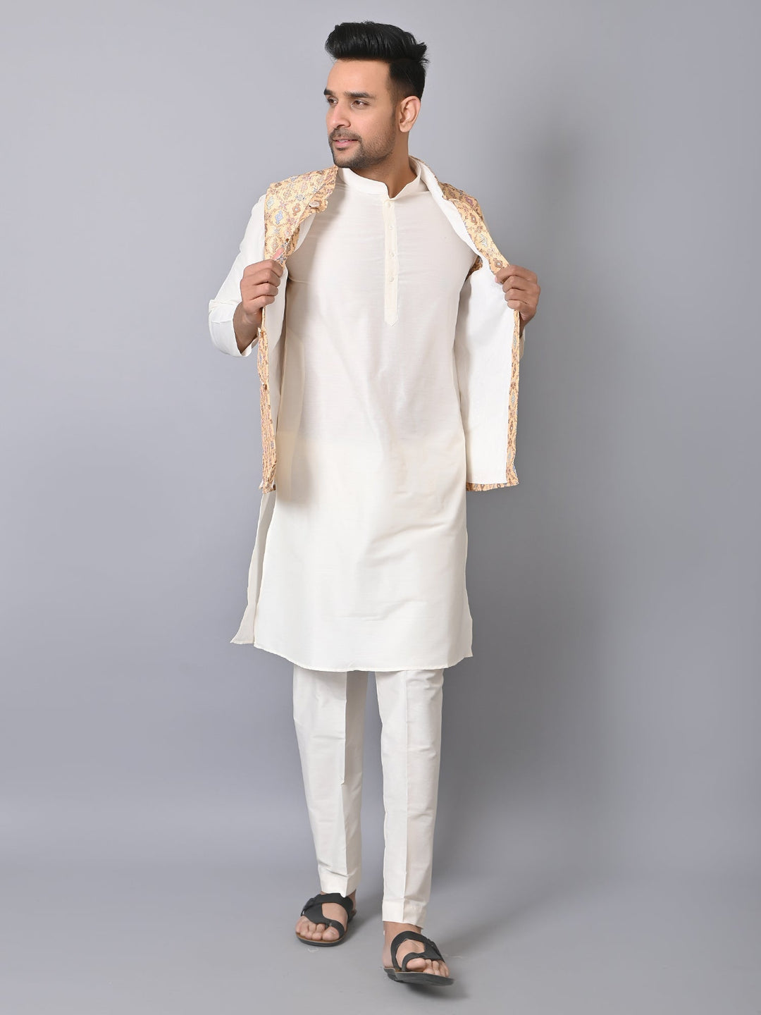 Ethnic Motifs Silk Blend Jacket Kurta Set | Festive Printed Design