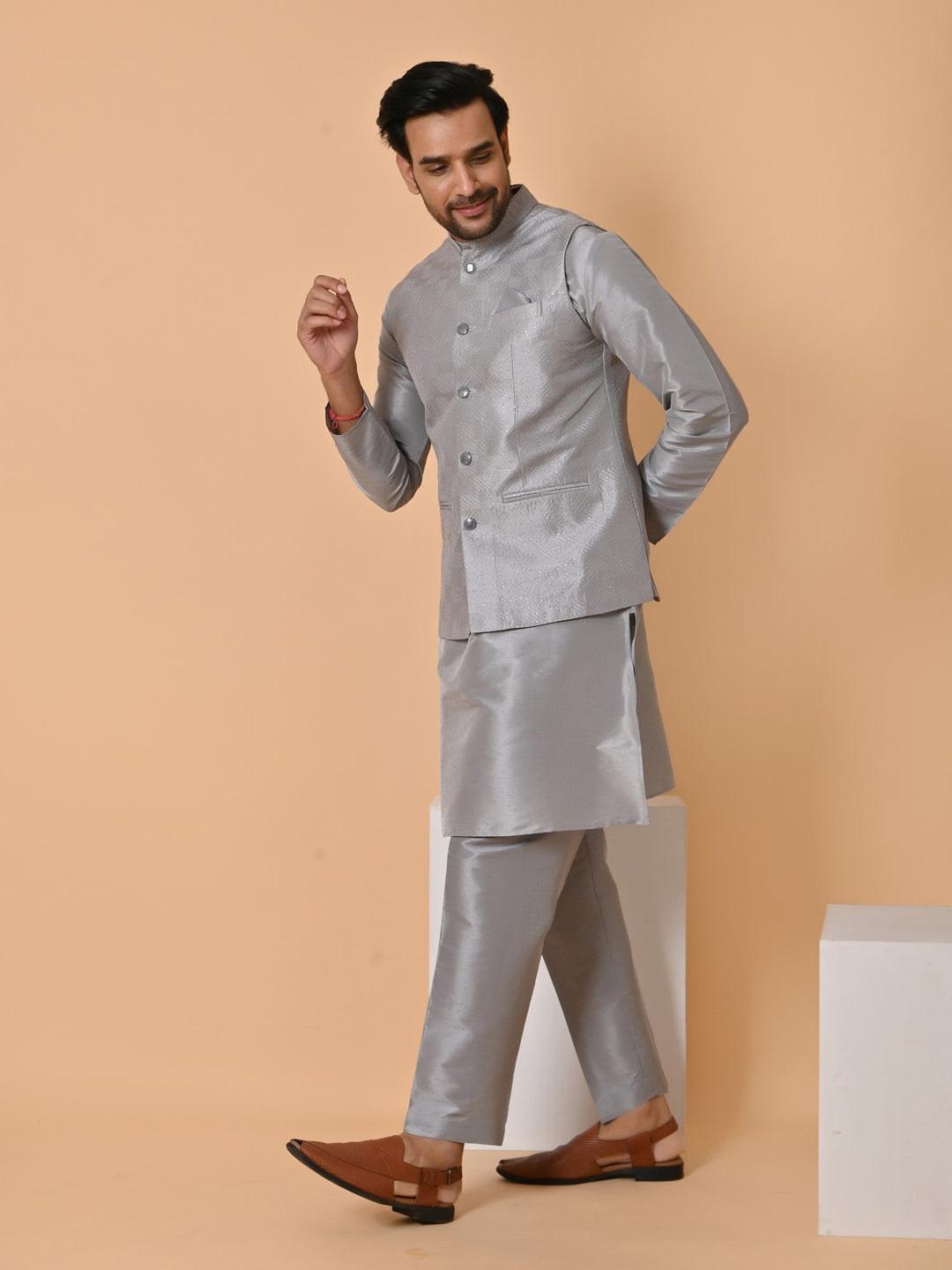 Geometric Woven Design Jacket Kurta Set | Silk Blend Stand Collar Festive