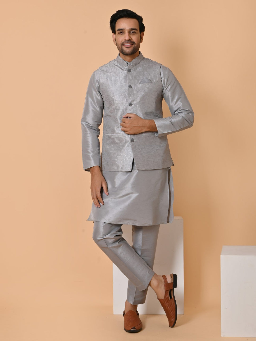 Geometric Woven Design Jacket Kurta Set | Silk Blend Stand Collar Festive