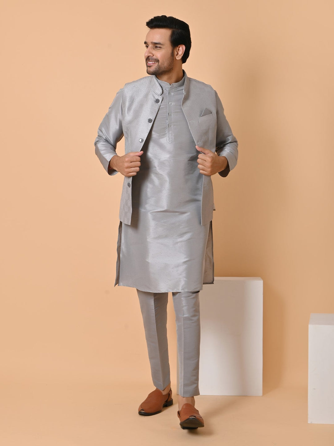 Geometric Woven Design Jacket Kurta Set | Silk Blend Stand Collar Festive