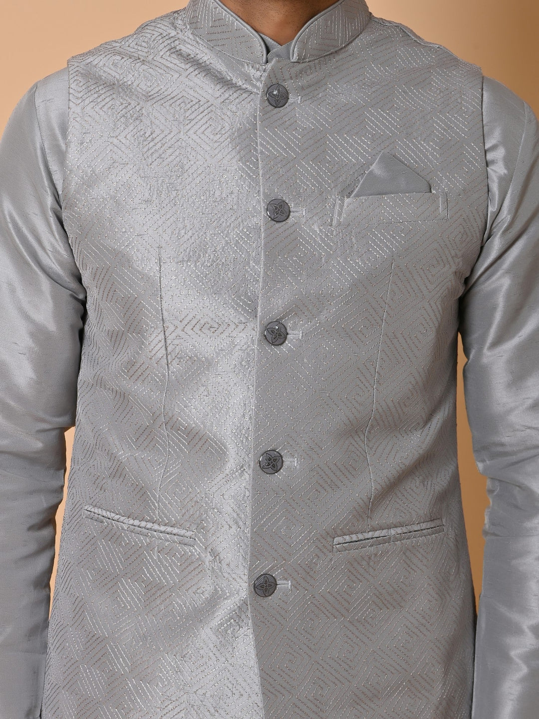 Geometric Woven Design Jacket Kurta Set | Silk Blend Stand Collar Festive