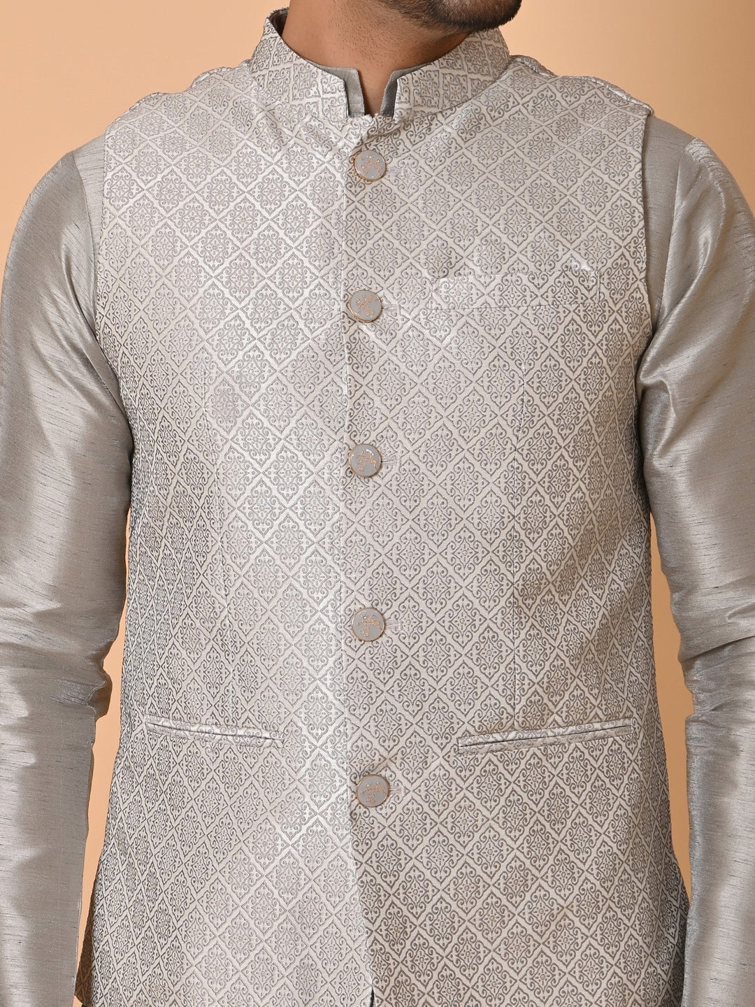 Geometric Printed Jacket Kurta Set | Festive Poly Silk Outfit