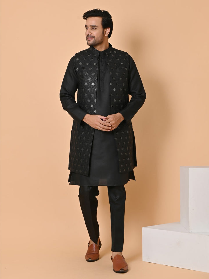 Sequence Pattern Silk Blend Long Jacket Kurta Set | Festive Wear Kurta