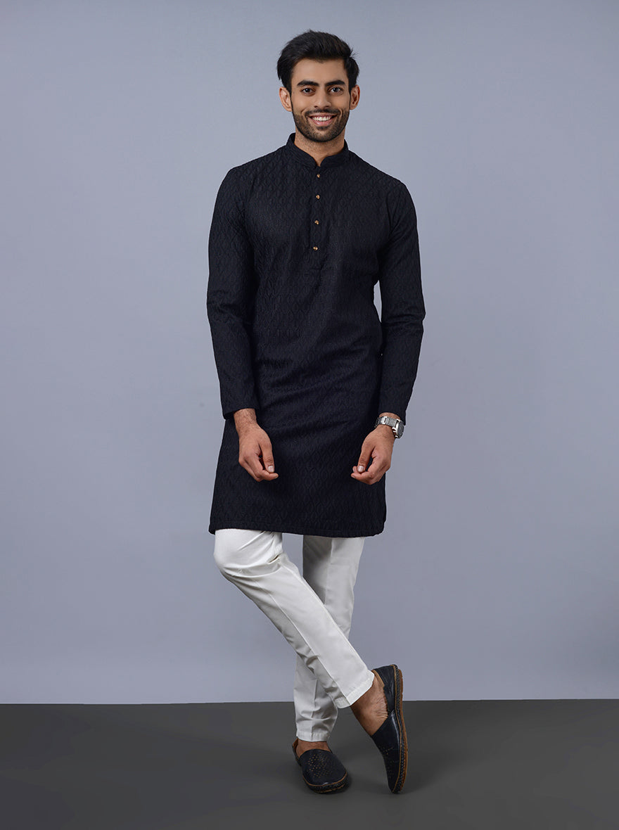 Black kurta pajama with white pants for USA men’s special events.