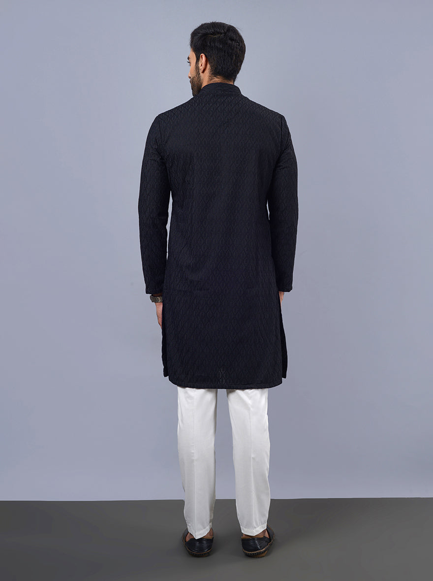 Men's black silk blend kurta pajama, featuring detailed embroidered thread work, ideal for festive occasions.