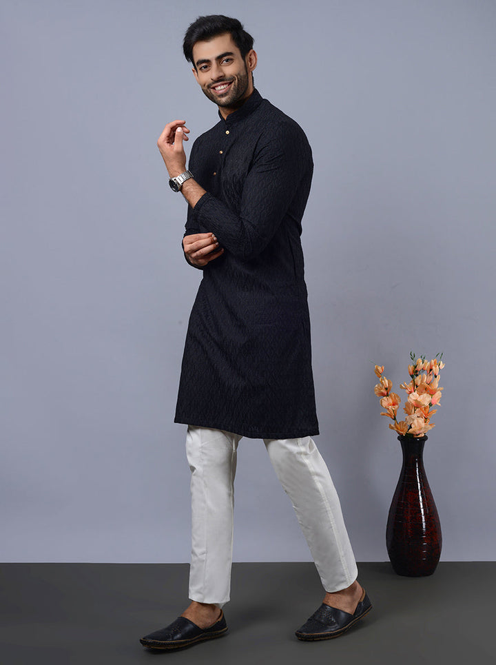 Black self-embroidered men’s kurta, crafted for USA festive events.