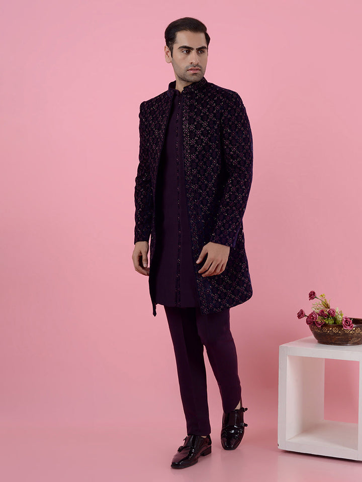 Embrace sophistication with this stunning Purple Indo Western outfit, tailored for the modern man.