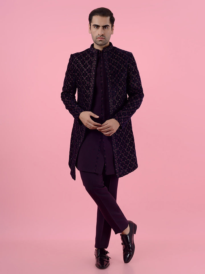 Regular fit purple Indo Western kurta, sequins and resham machine work