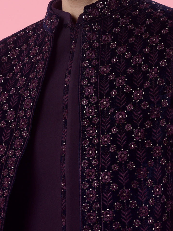 Traditional embroidered purple velvet Indo Western, mandarin collar design