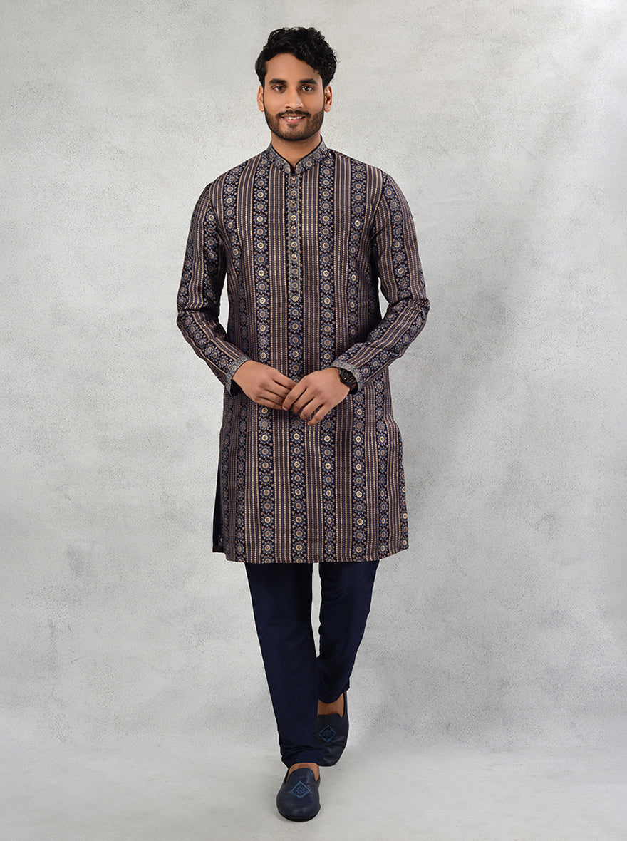 Men's Blue Silk Kurta Pajama with Printed Design and Straight-Cut, Ideal for Weddings