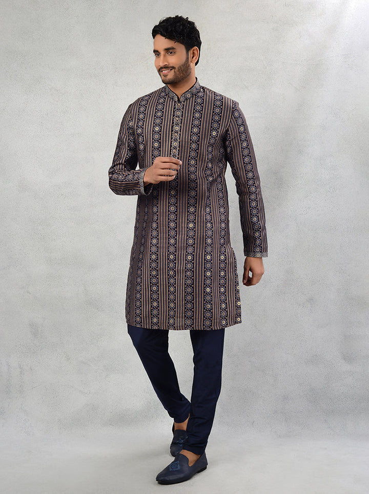 Elegant Blue Silk Blend Kurta Pajama Set for Men, Straight-Cut and Printed Design