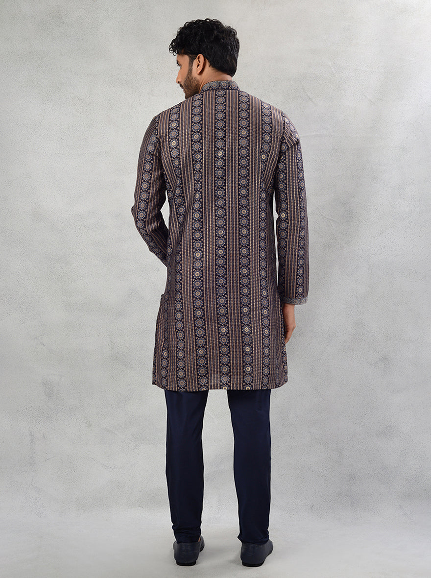 Blue Silk Kurta Pajama for Men with Printed Pattern, Straight-Cut for Festive Wear