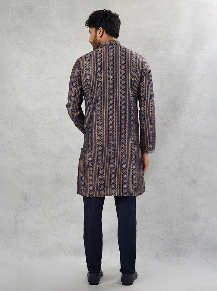 Blue Silk Kurta Pajama for Men with Printed Pattern, Straight-Cut for Festive Wear