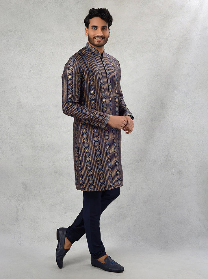 Blue Silk Blend Kurta Pajama for Men, Printed Design and Classic Straight-Cut for Weddings