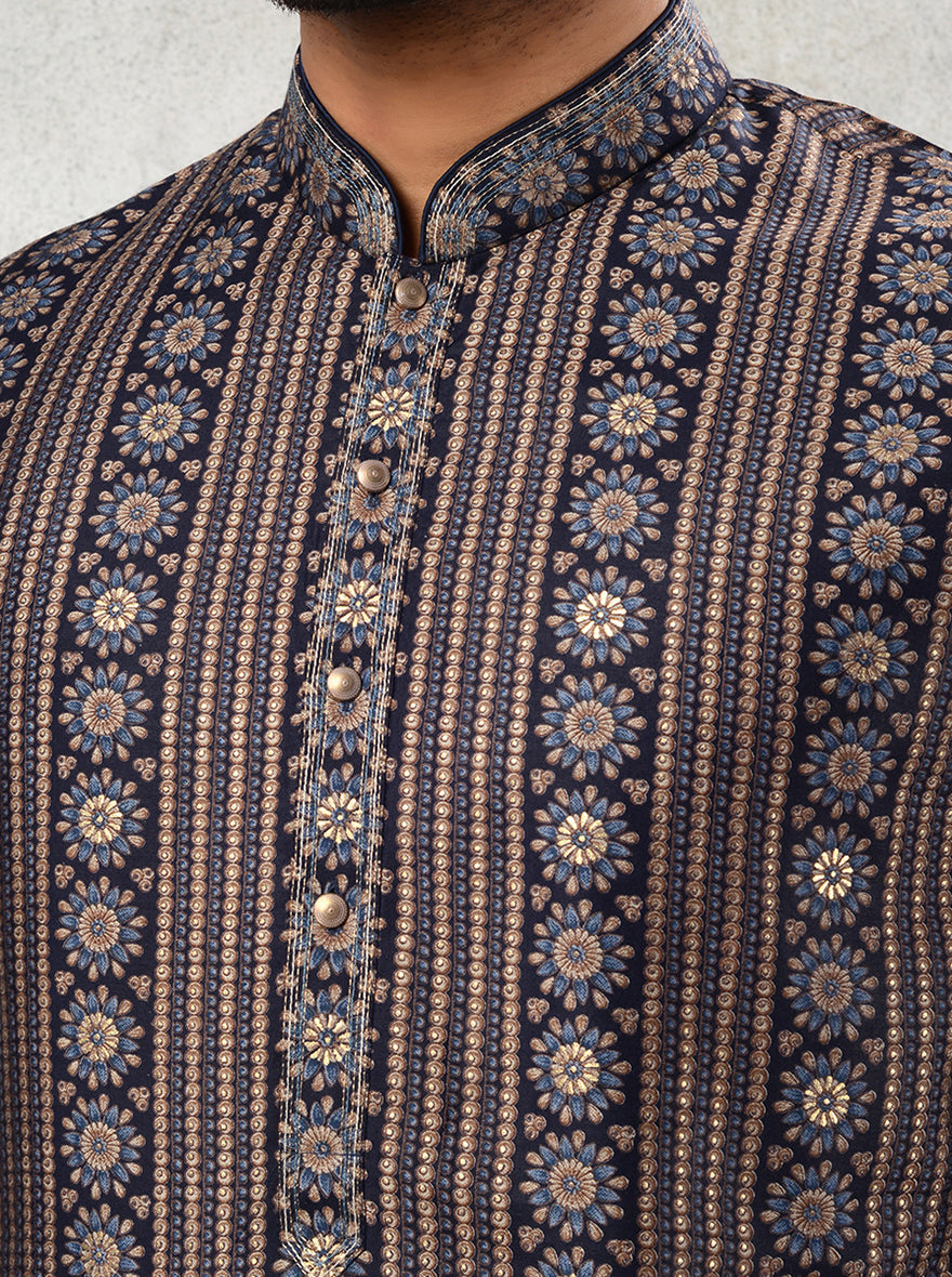 Printed Blue Silk Blend Kurta Pajama with Straight-Cut Design for Men, Perfect for Formal Events