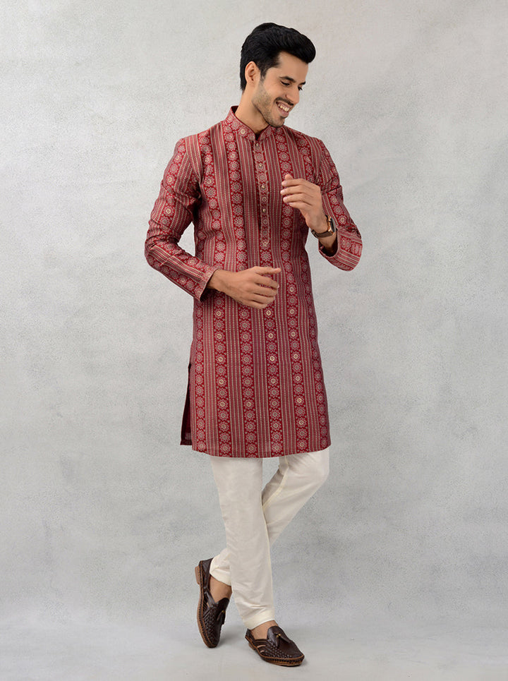 Maroon silk kurta, printed design, mandarin collar, USA events