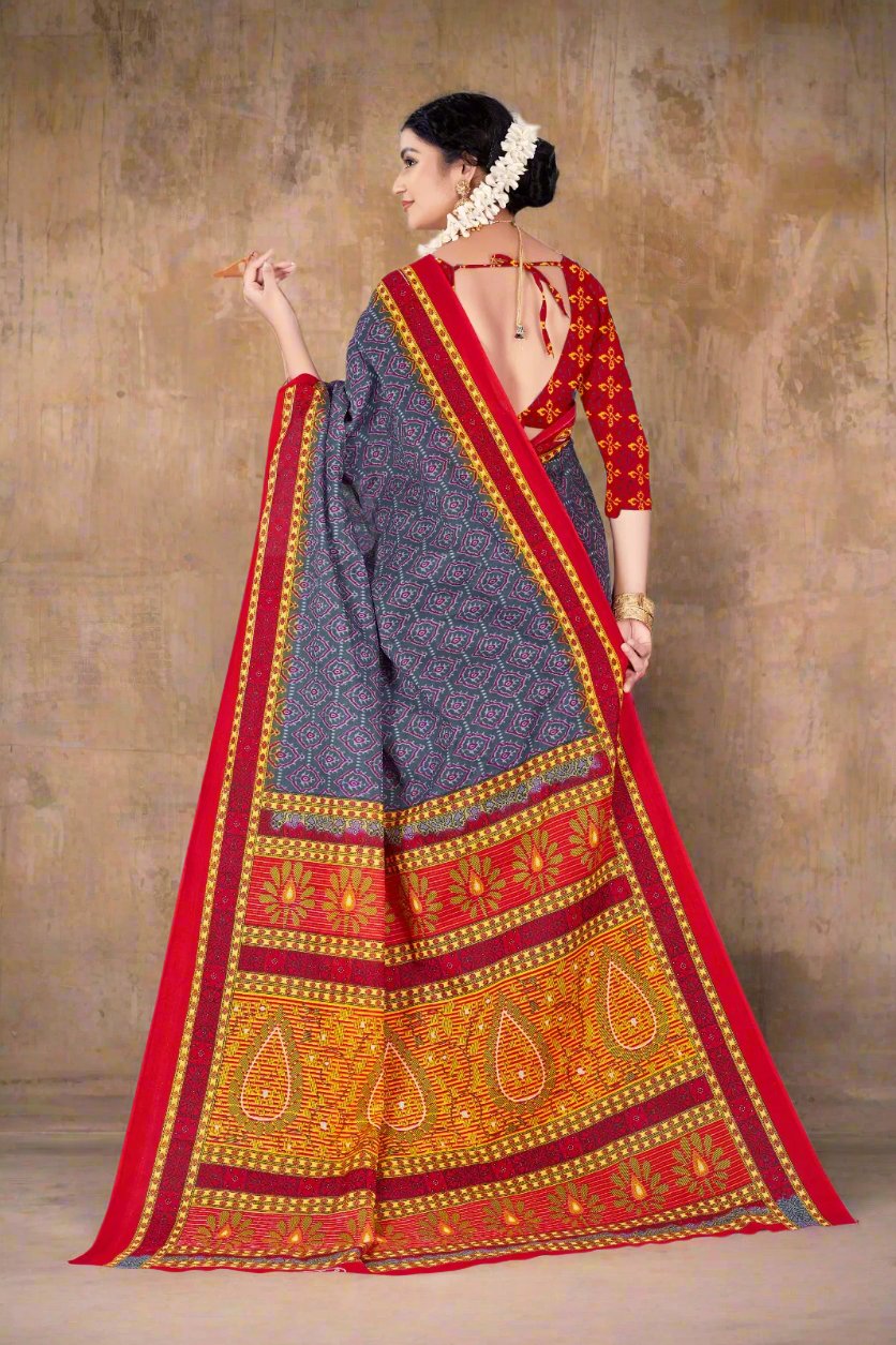 Elegant gray batik print saree, perfect for modern Indian celebrations and cultural events.