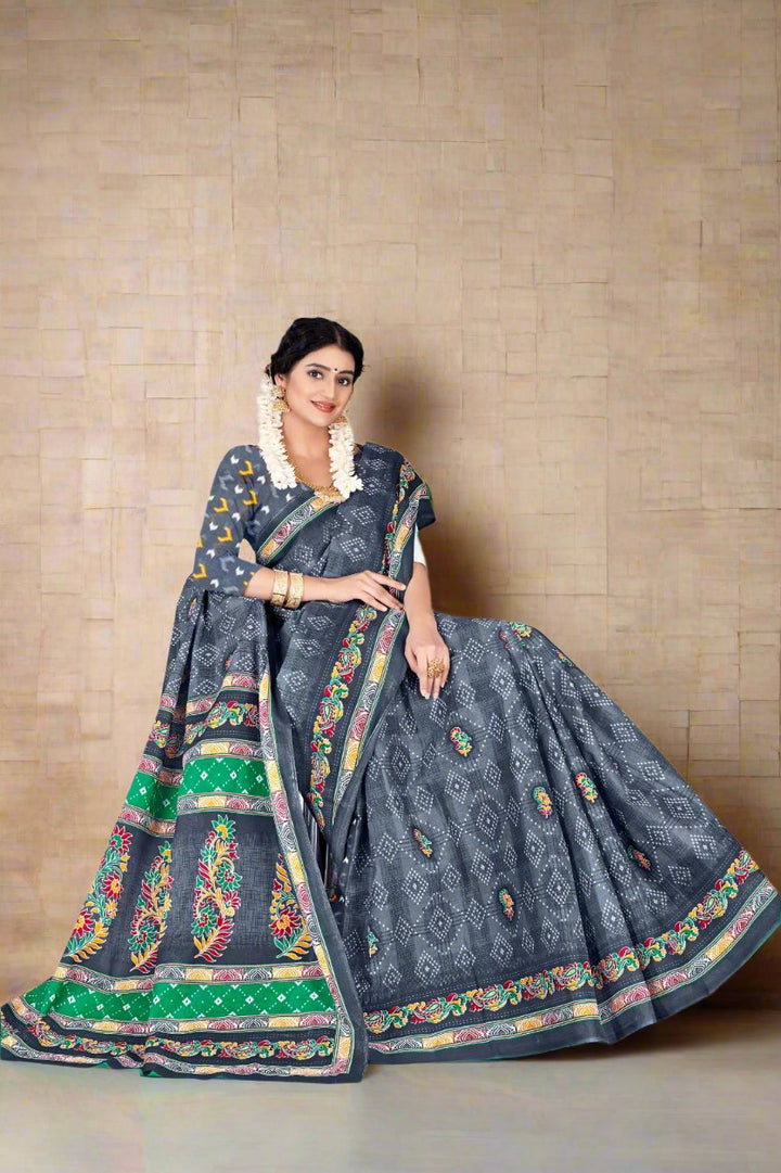 Stylish classic grey saree with batik print, ideal for cultural and ceremonial occasions.