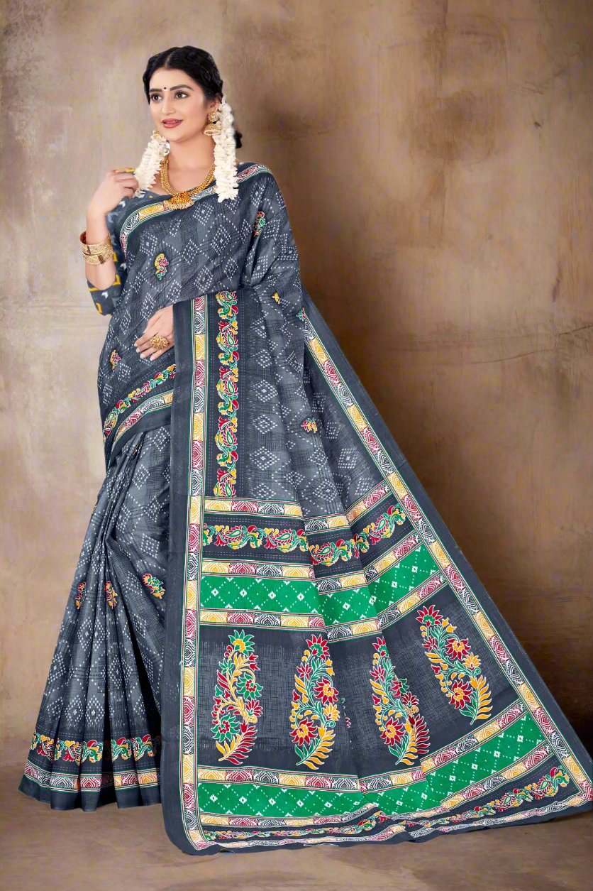 Graceful classic grey batik cotton saree, perfect for Indian weddings and celebrations.