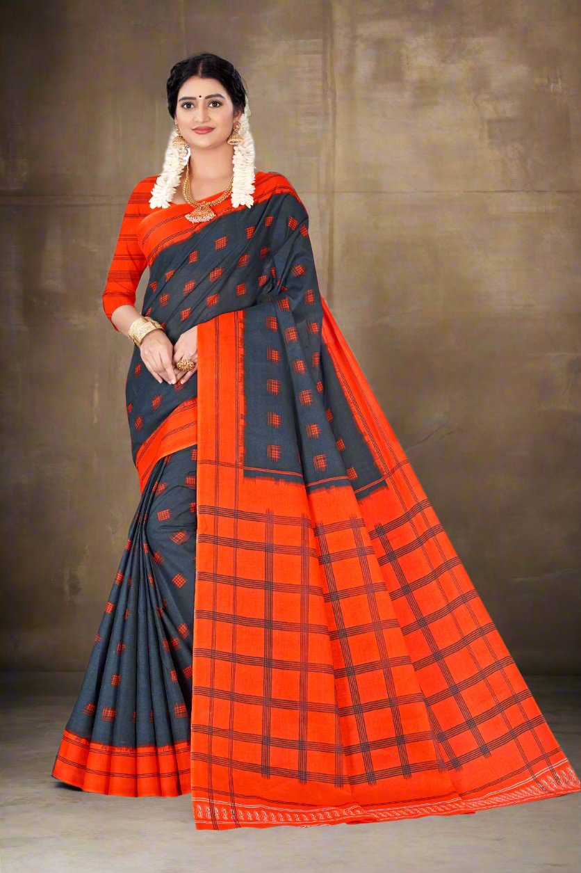 Fancy gray and orange batik cotton saree, perfect for stylish and elegant Indian events.