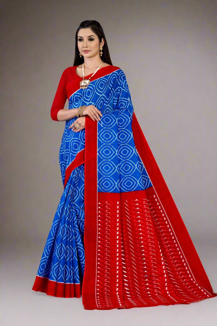 Fancy blue and red batik cotton saree, perfect for weddings and special occasions.