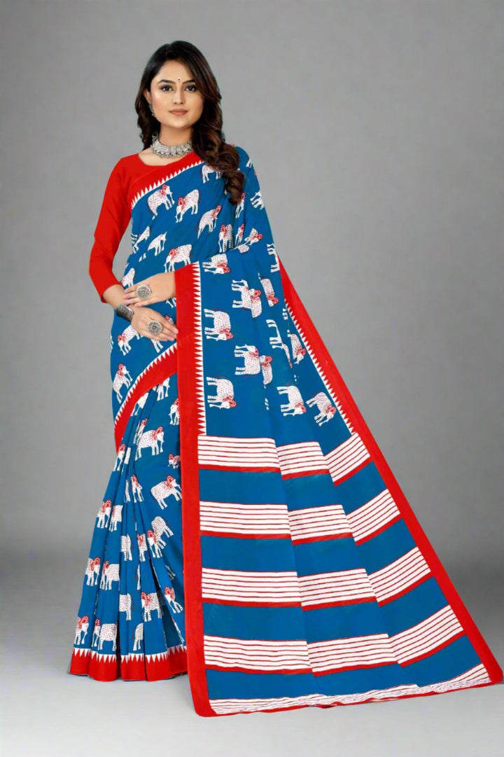 Vibrant blue and red batik cotton saree, perfect for festive and cultural celebrations.